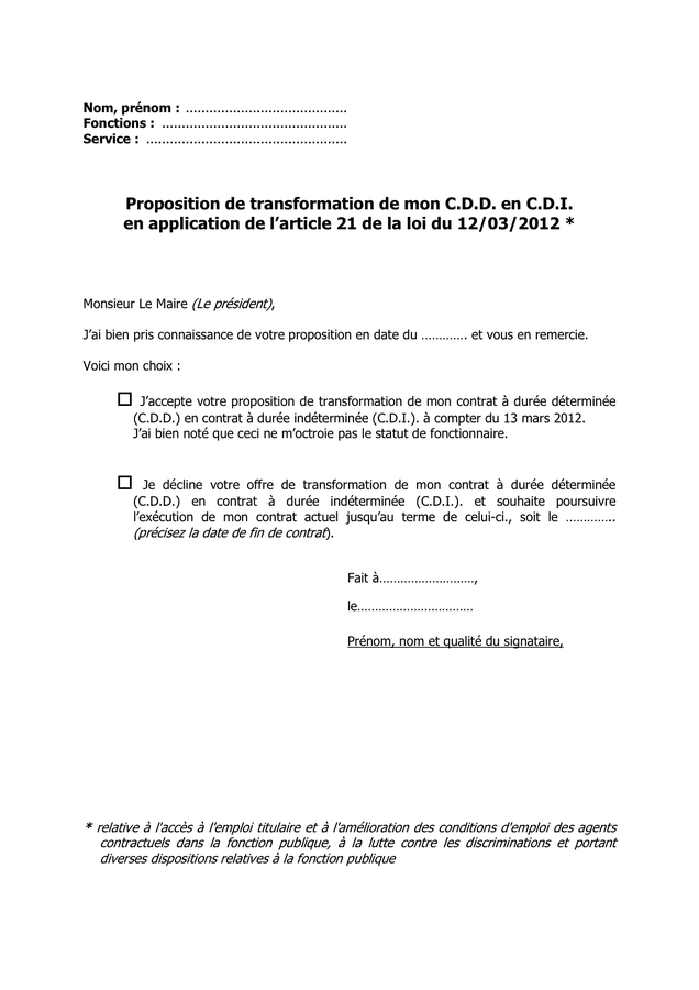 Lettre de proposition de transformation du CDD en CDI  DOC, PDF  page