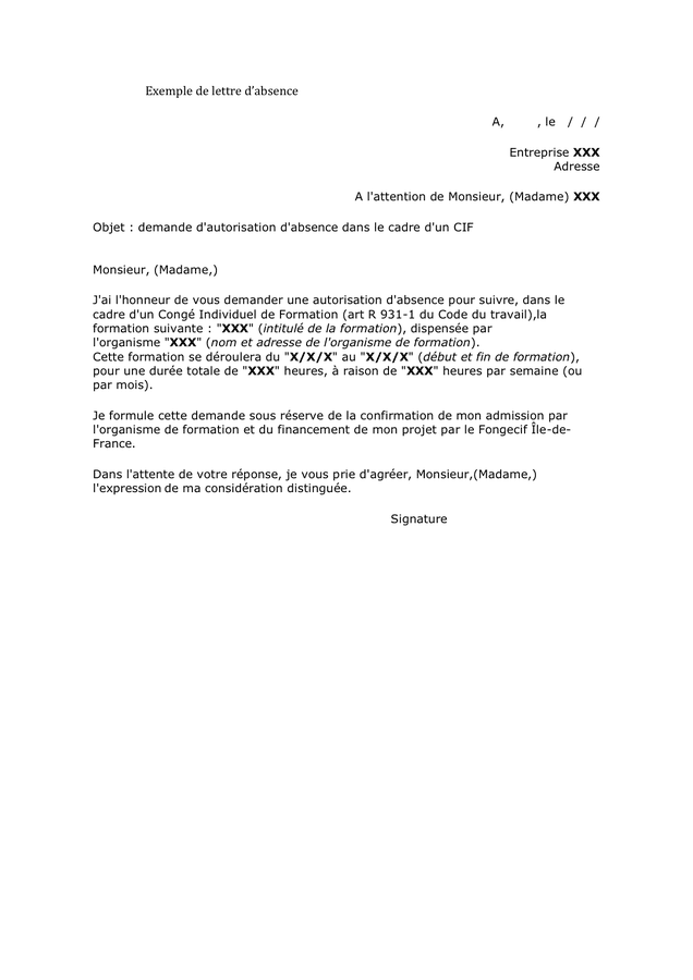 Exemple de lettre d’absence  DOC, PDF  page 1 sur 1