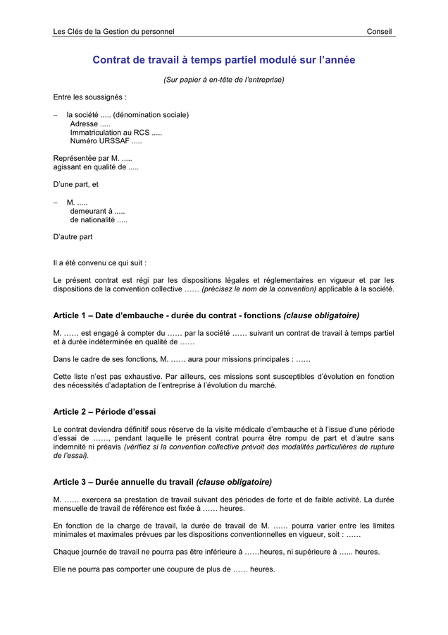 Modelé de contrat de travail à temps partiel sur la semaine ou le mois (france) DOC, PDF