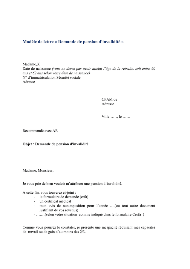 Modèle de lettre "Demande de pension d'invalidité" DOC, PDF page 1