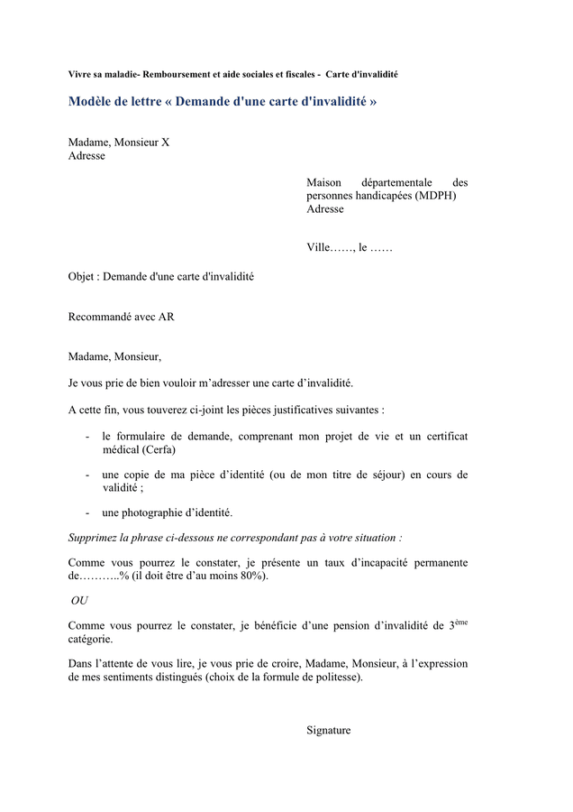 Modèle de lettre "Demande d'une carte d'invalidité"  DOC, PDF  page 1