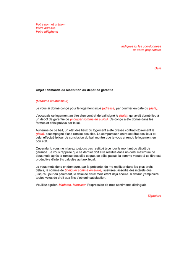Demande De Restitution Du Dépôt De Garantie Doc Pdf Page 1 Sur 1