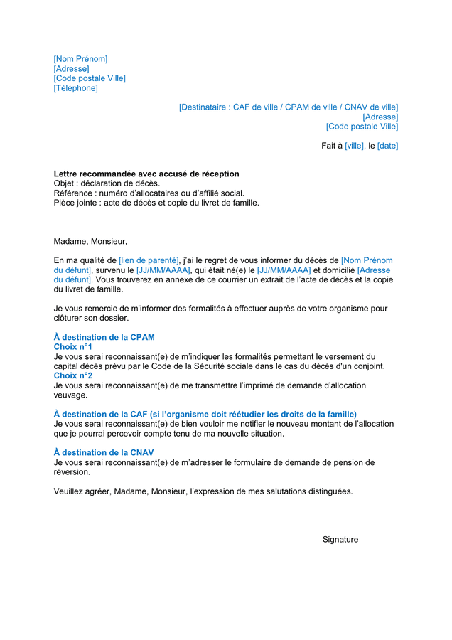 Lettre type déclaration de décès téléchargement gratuit documents PDF