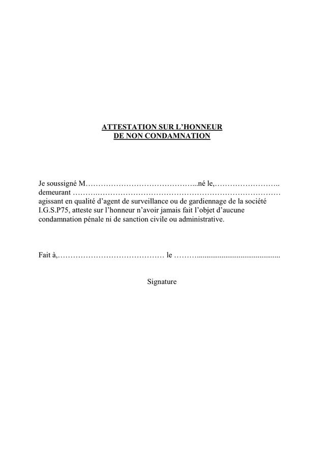Exemple d'attestation sur l'honneur de non condamnation - DOC, PDF - page 1 sur 1