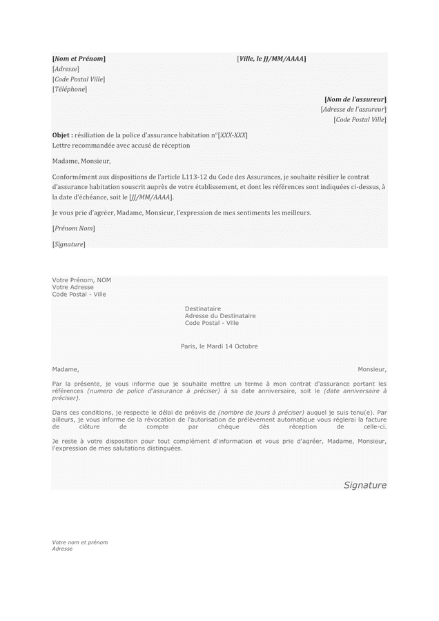 Modèle de lettre de résiliation à titre conservatoire