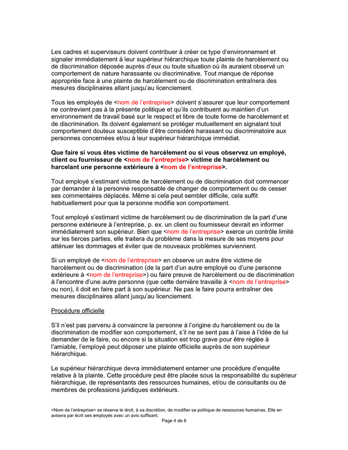 Modele De Politique Sur Le Respect En Milieu De Travail Doc