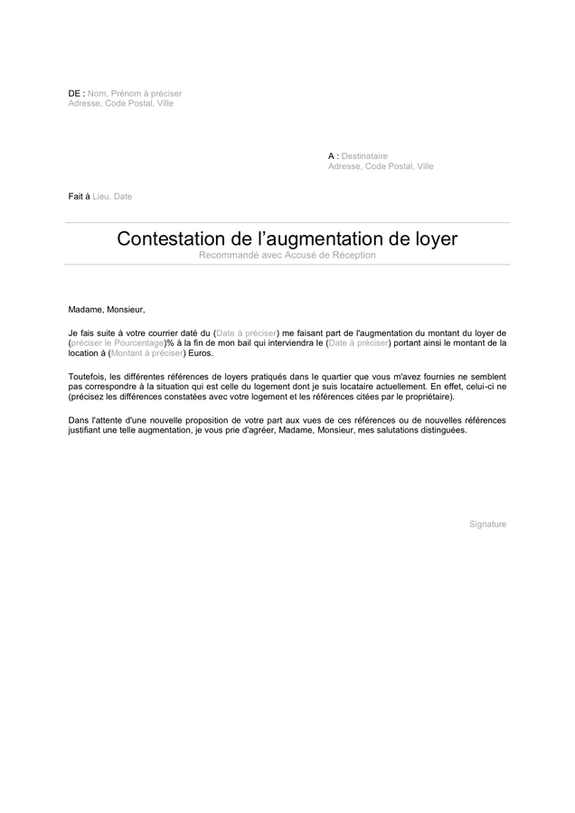 PDF Télécharger lettre de contestation d 'une augmentation de loyer