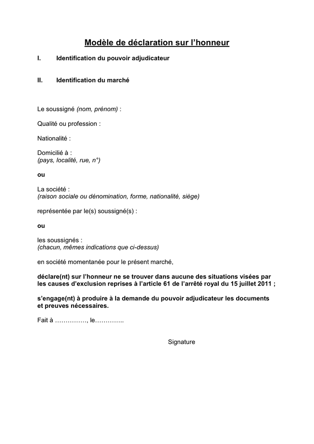 Modèle de déclaration sur l’honneur  DOC, PDF  page 1 sur 1