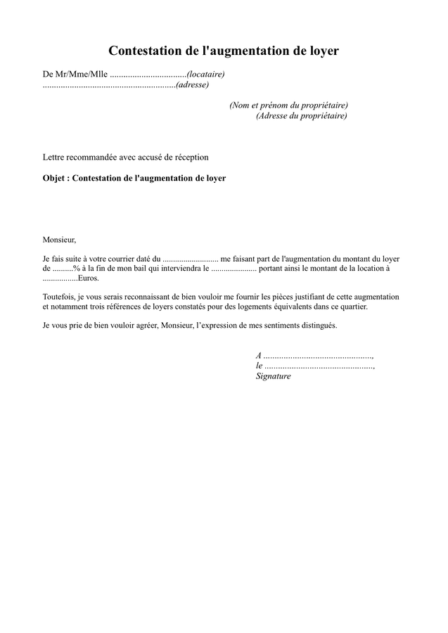 Lettre de contestation de l'augmentation de loyer  DOC, PDF  page 1 sur 1