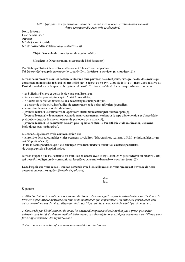 Lettre Type Acces A Dossier Medical Doc Pdf Page 1 Sur 1