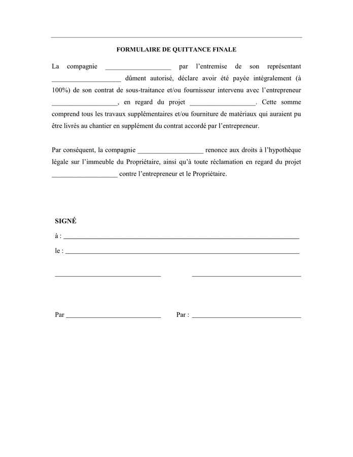 Formulaire de quittance finale  DOC, PDF  page 1 sur 1