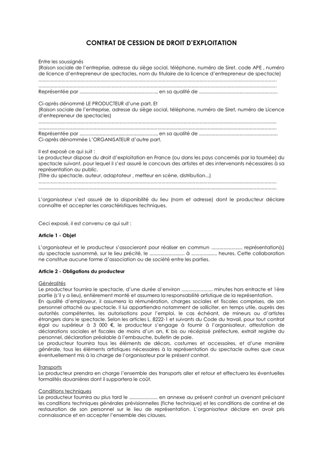 Modele De Contrat De Cession De Droit D Exploitation Doc Pdf Page 1 Sur 6