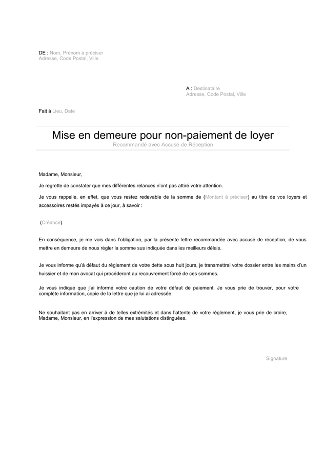 Mise En Demeure Pour Non Paiement De Loyer DOC PDF Page Sur