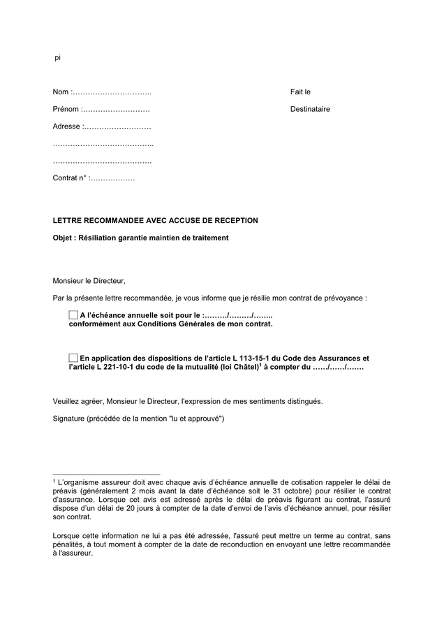 Lettre de résiliation garantie maintien de traitement  DOC, PDF  page