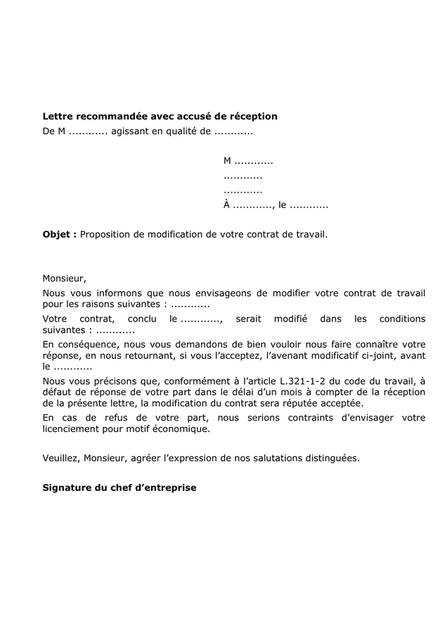 Proposition De Modification Dun Contrat De Travail DOC PDF Page Sur