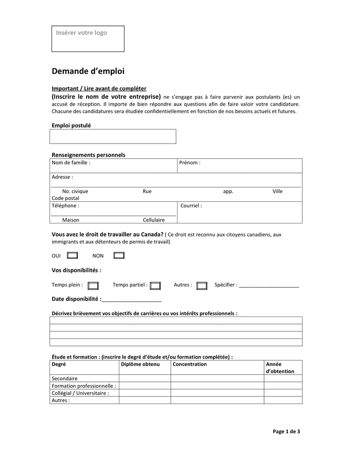 Formulaire de demande d’emploi (Canada)  DOC, PDF  page 1 sur 3