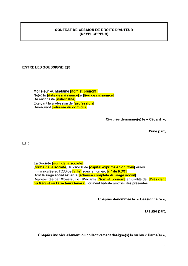 Modele De Contrat De Cession De Droits D Auteur Doc Pdf Page 1 Sur 4