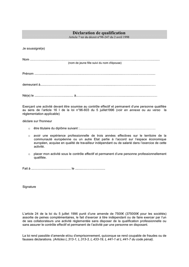 Exemple de déclaration de qualification  DOC, PDF  page 1 sur 2