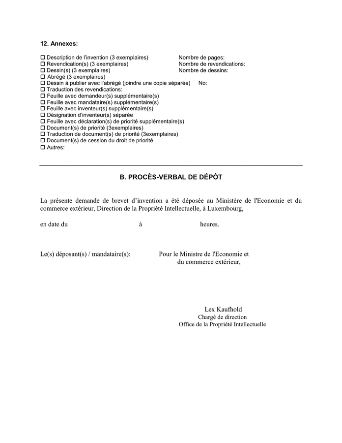 Modelé de demande de brevet d’invention (Luxembourg) DOC, PDF page