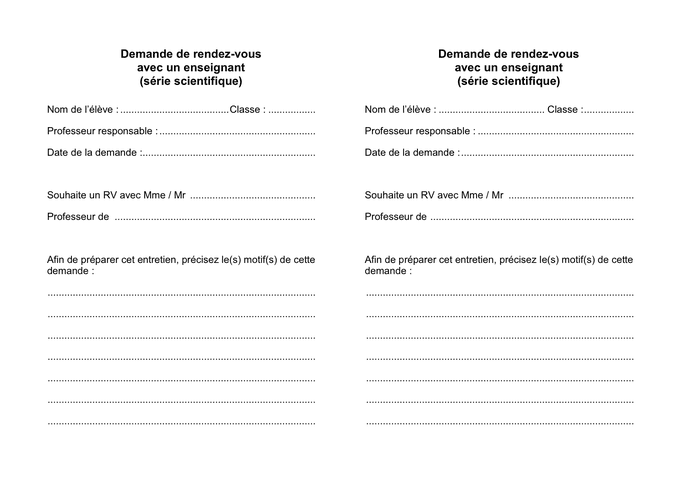 demande de rendez vous avec un prof par mail
