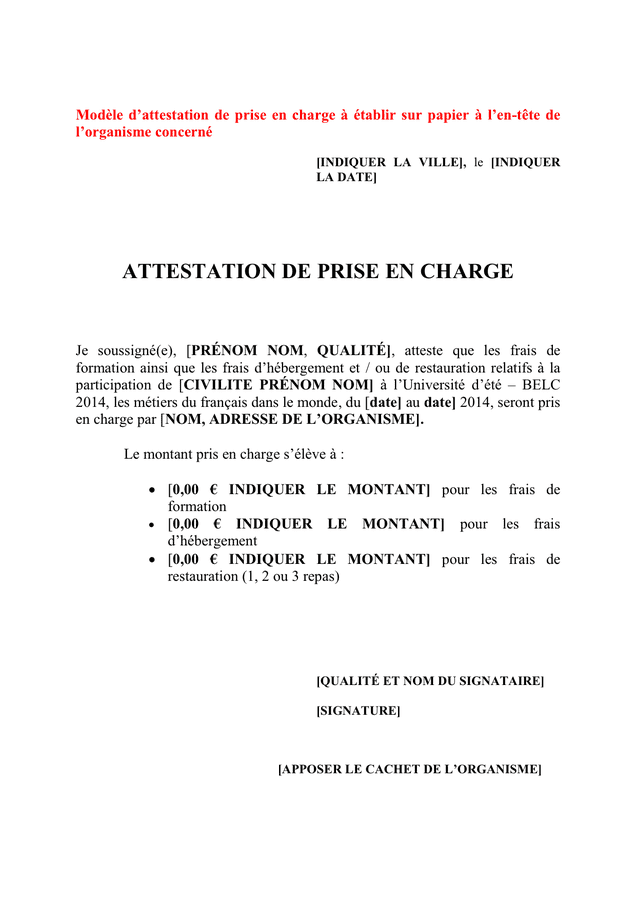 Modèle Dattestation De Prise En Charge Doc Pdf Page 1 Sur 1