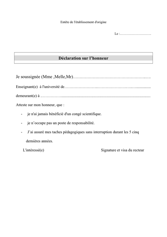 Modele Attestation Sur L Honneur Professeur Universitaire