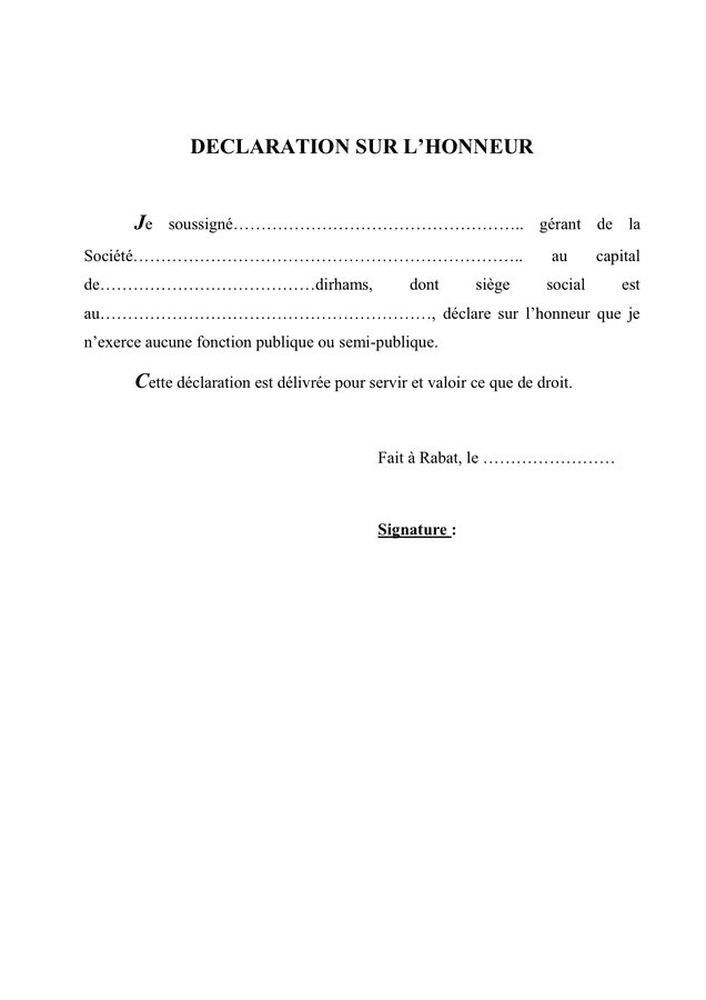 Declaration Sur Lhonneur Doc Pdf Page Sur