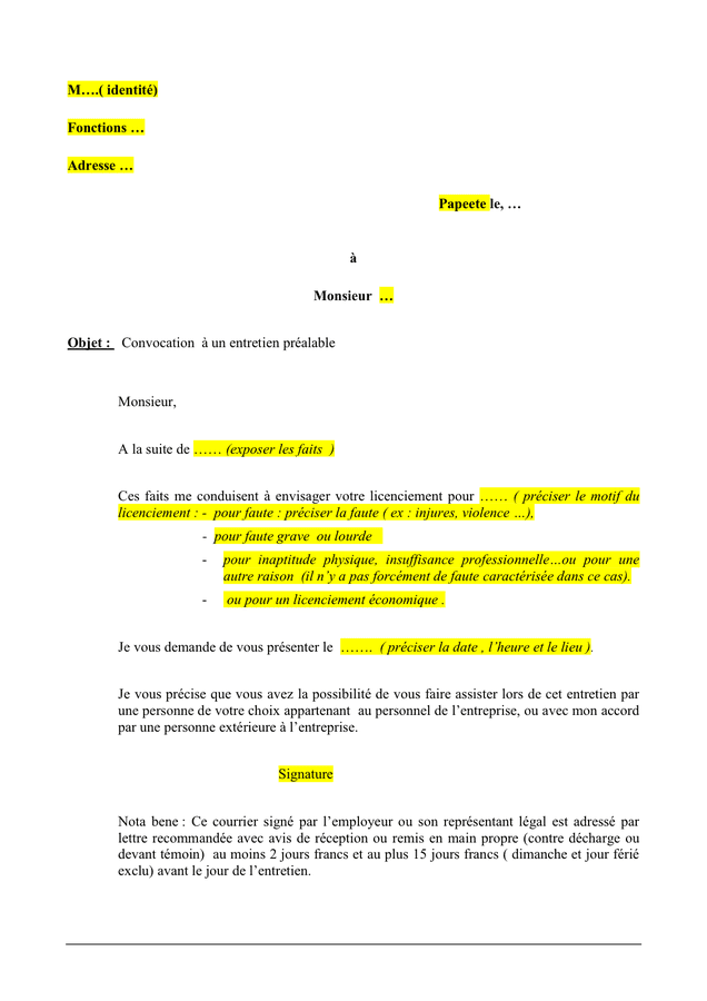 Modelé de convocation à un entretien préalable DOC, PDF page 1 sur 1