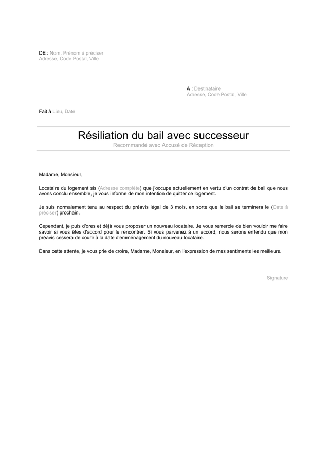 Resiliation Du Bail Avec Successeur Doc Pdf Page 1 Sur 1