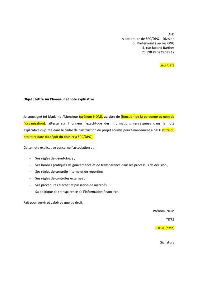 Modelé de lettre sur l’honneur et note explicative  DOC, PDF  page 1