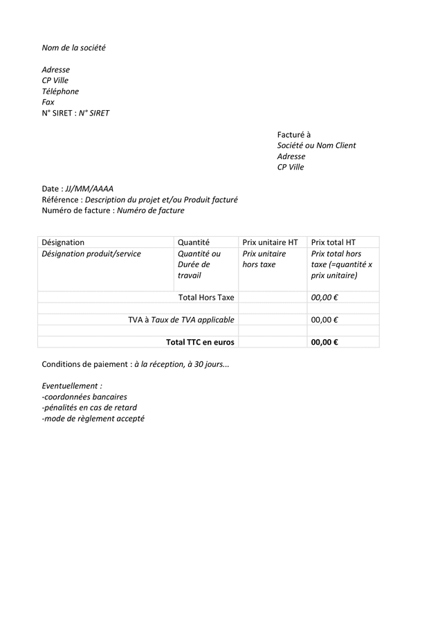 Modèle de facture DOC PDF page 1 sur 1