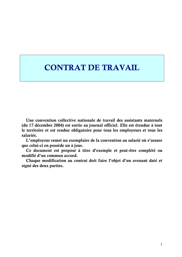 Modelé de contrat de travail entre les parents et l
