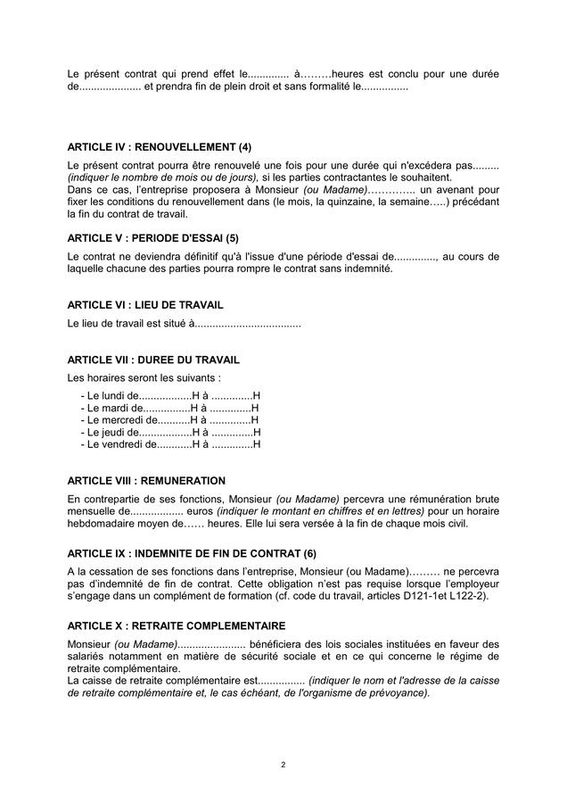 Exemple de contrat de travail a duree determinee (France) DOC, PDF page 2 sur 3