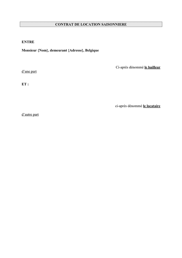 Aperçu du fichier Exemple de contrat de location saisonniere (Belgique)