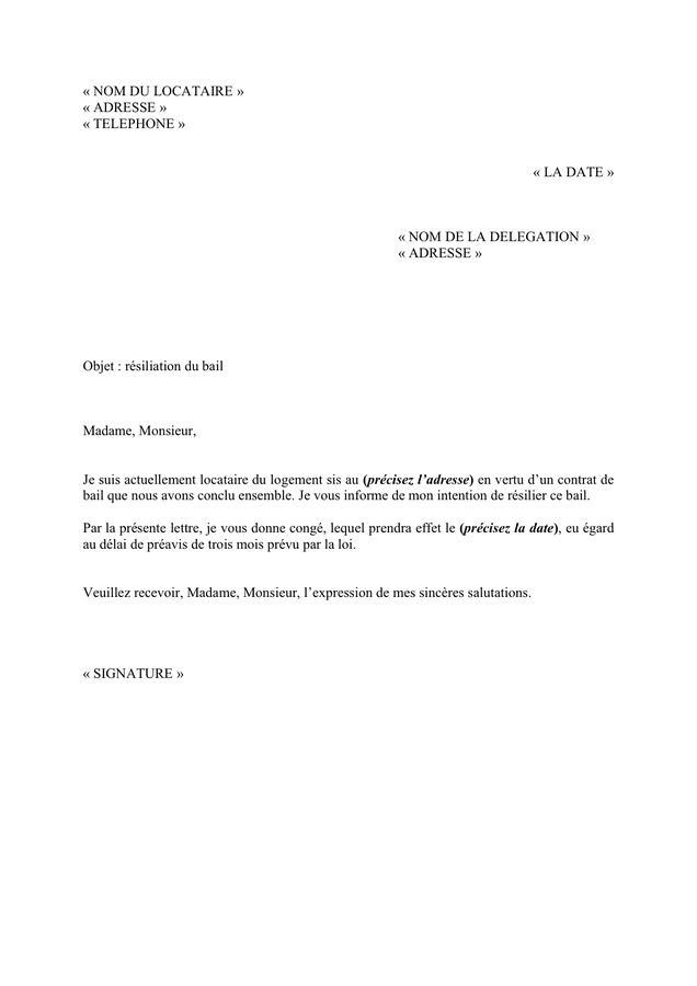 Lettre De Resiliation Du Bail