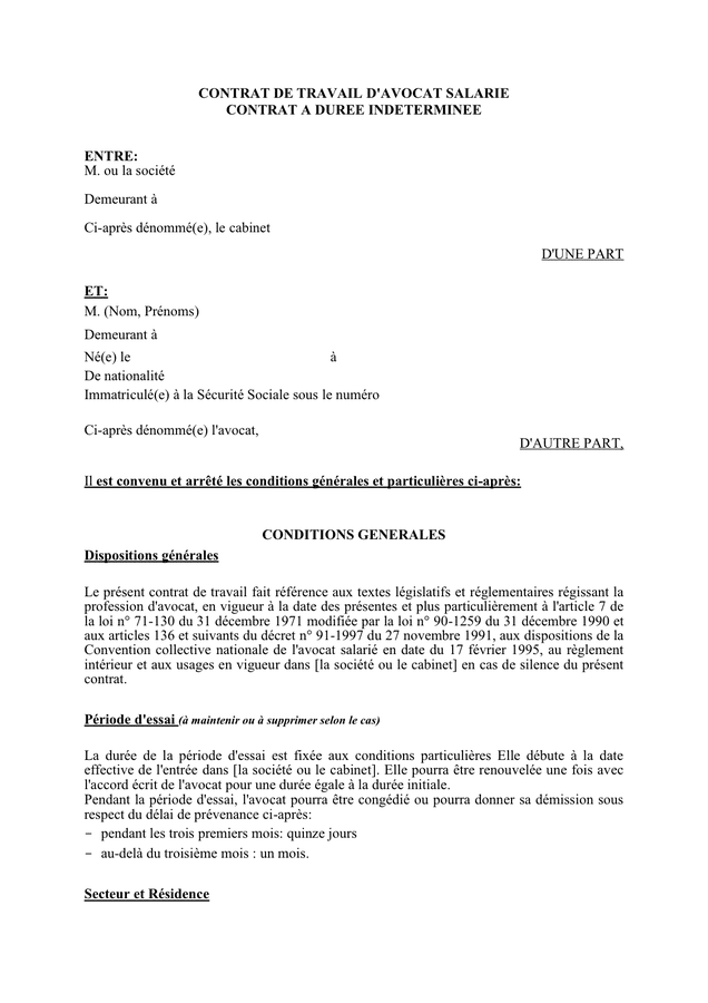 Contrat de travail d'avocat salarie contrat a duree indeterminee  DOC