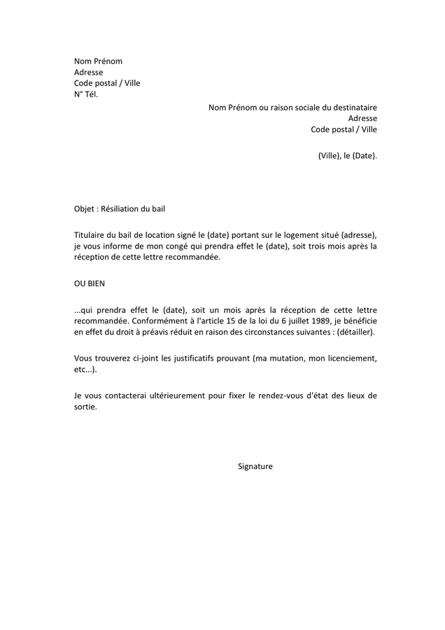 Exemple Lettre Preavis Logement
