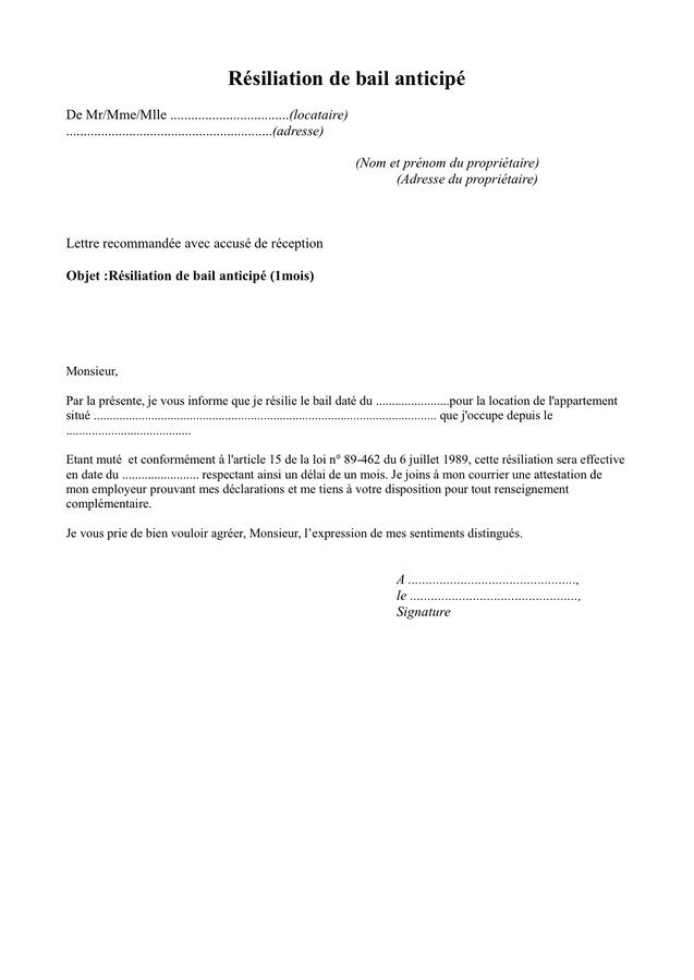 Lettre Resiliation Bail Locatif