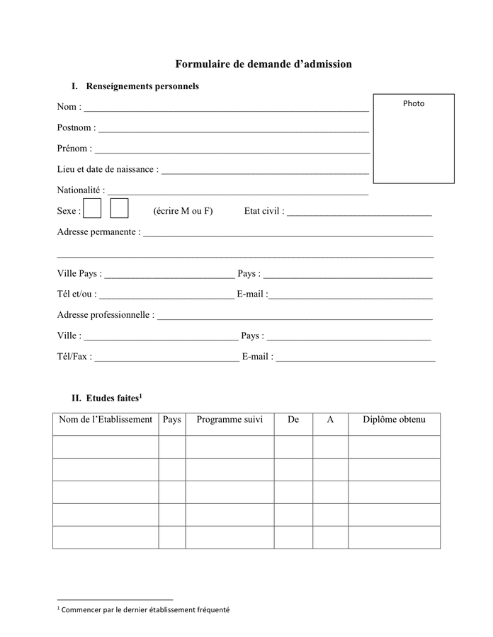 Formulaire De Demande Dadmission DOC PDF Page 1 Sur 3