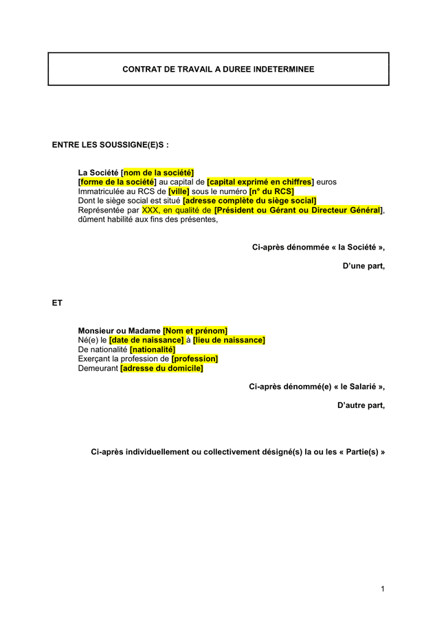 Modelé de contrat de travail a duree indeterminee DOC PDF page 1 sur 9