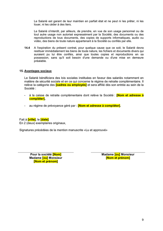 Modelé de contrat de travail a duree indeterminee DOC PDF page 9 sur 9