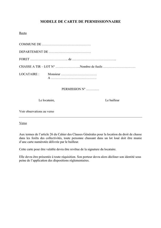 Modelé de carte de permissionnaire  DOC, PDF  page 1 sur 1