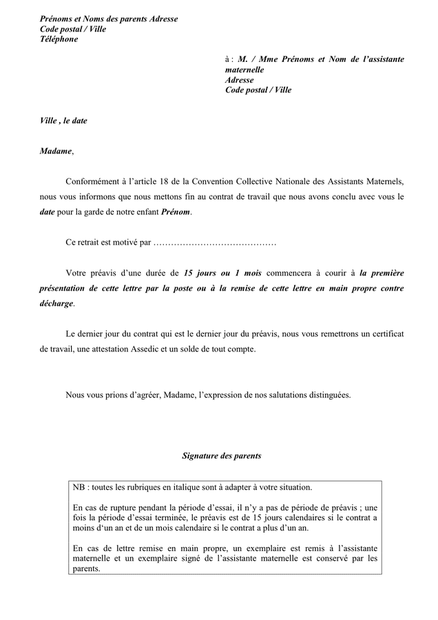 Exemple De Lettre De Fin De Contrat Nounou - Le Solde De Tout Compte