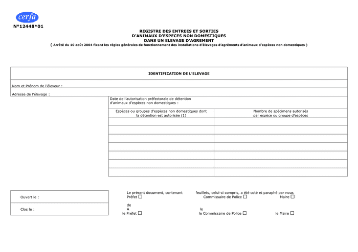 Registre Des Entrees Et Sorties D Animaux D Especes Non Domestiques Dans Un Elevage D Agrement Doc Pdf Page 1 Sur 4