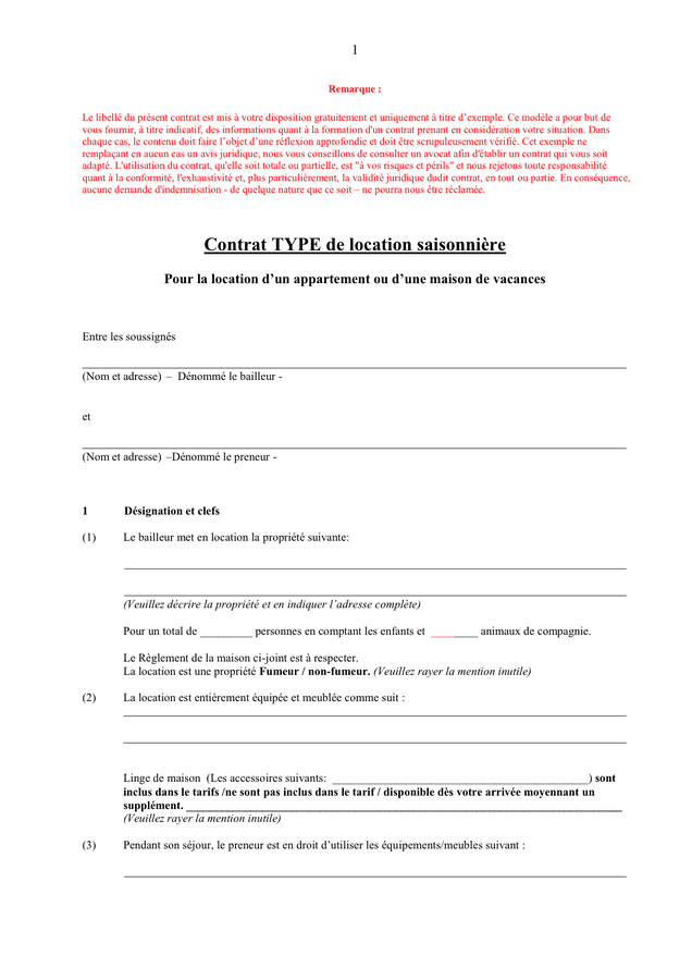 Model De Contrat Type De Location Saisonni Re Doc Pdf Page Sur