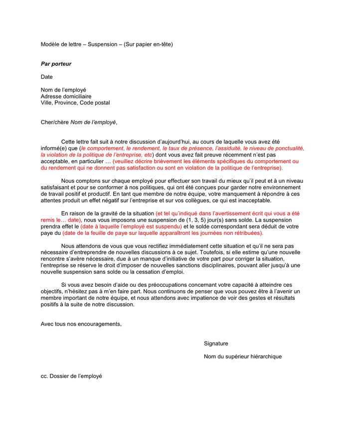Modelé de lettre de suspension temporaire DOC, PDF page 1 sur 2