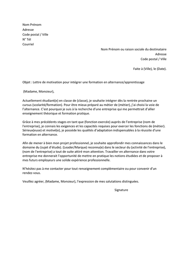 Lettre de motivation pour intégrer une formation en alternance