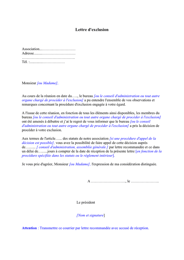 Exemple de lettre d'exclusion DOC, PDF page 1 sur 1