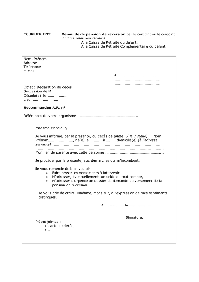 Courrier type demande de pension de réversion  DOC, PDF  page 1 sur 2
