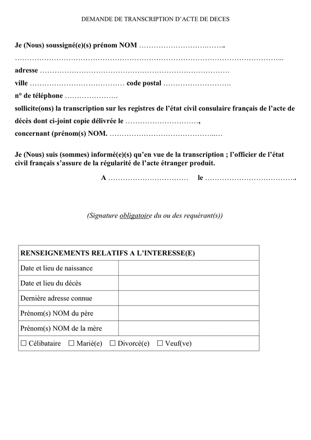 exemple de lettre de demande de transcription d'acte de naissance